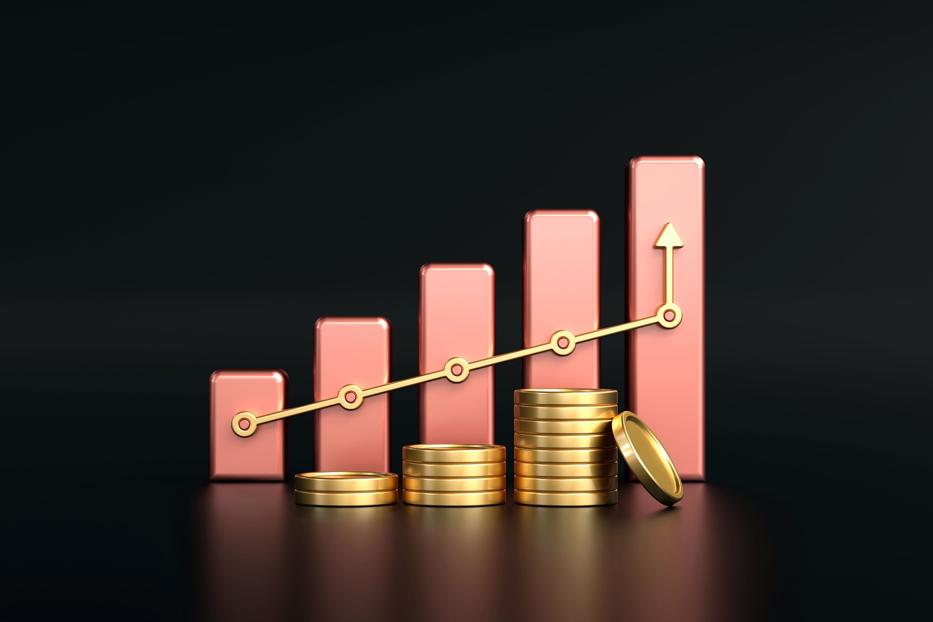 Golden Growth, bar graph with gold arrow indicating upward growth, symbolizing success, financial stability, and increasing profits, graph on black background, 3d rendering